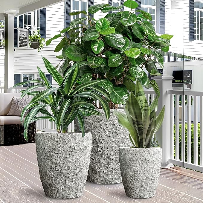 Craft flowerpots 16"+12"+10" Dia Round Concrete Planter Set of 3 Large Outdoor/Indoor Planter Pots Containers with Drainage Holes and Rubber Plug for Home Garden (Grey, Large)-Ruum Studio Home