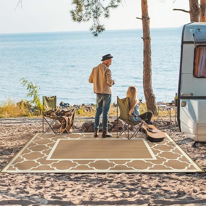 GENIMO 9' x 12' Outdoor Rug for Patio Clearance, Waterproof Indoor Outdoor Plastic Straw Rugs Carpet, Reversible Outside Area Rv Mat for Camping, Balcony Porch, Deck, Picnic, Beach (Brown & Beige)-Ruum Studio Home