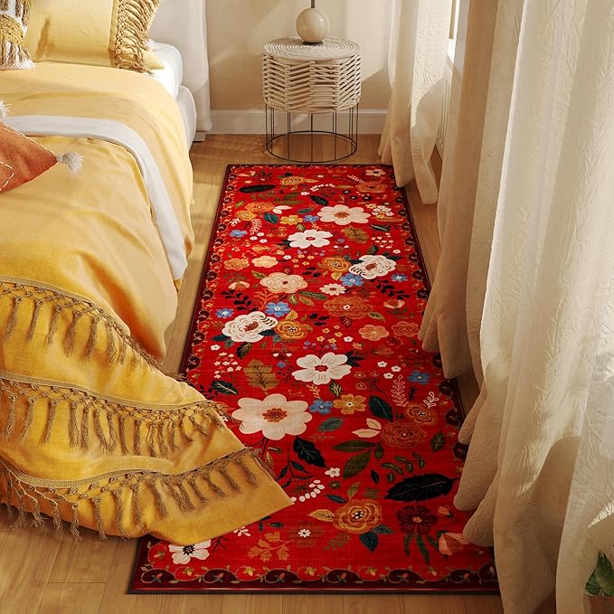 Runner Rug for Hallways Kitchen Rug Non Slip 2'x 6' Washable Runner Rugs with Rubber Backing Soft Floral Carpet Runner for Hallways, Kitchen, Laundry, Bedroom, Bathroom(Red)-Ruum Studio Home