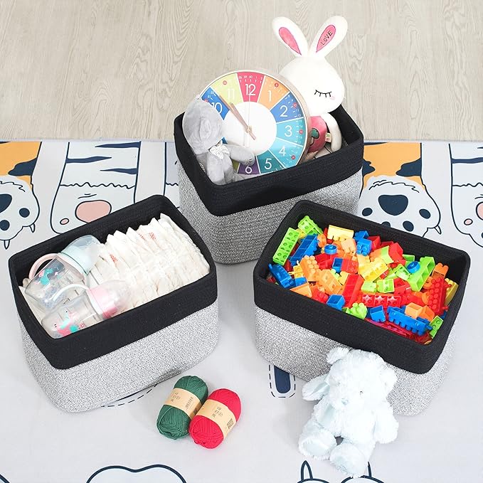 MINTWOOD Design 3-Pack Storage Baskets for Shelves, Playroom Classroom Storage Basket, Book Basket, Decorative Storage Cube Bins, Woven Closet Organizers, Pantry and Shoe Organizer, Black Light Grey-Ruum Studio Home