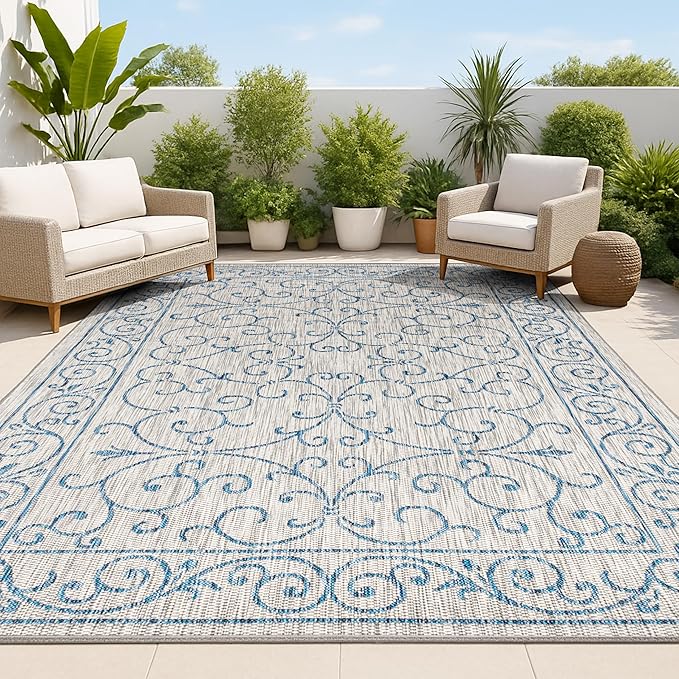 JONATHAN Y Vintage Filigree Indoor Outdoor Area Rug 6X9 Gray/Navy, Charleston Textured Weave for Backyard, Patio, Porch, Easy-Cleaning, High Traffic, Pet-Friendly, Non-Shedding (SMB106C-6)-Ruum Studio Home