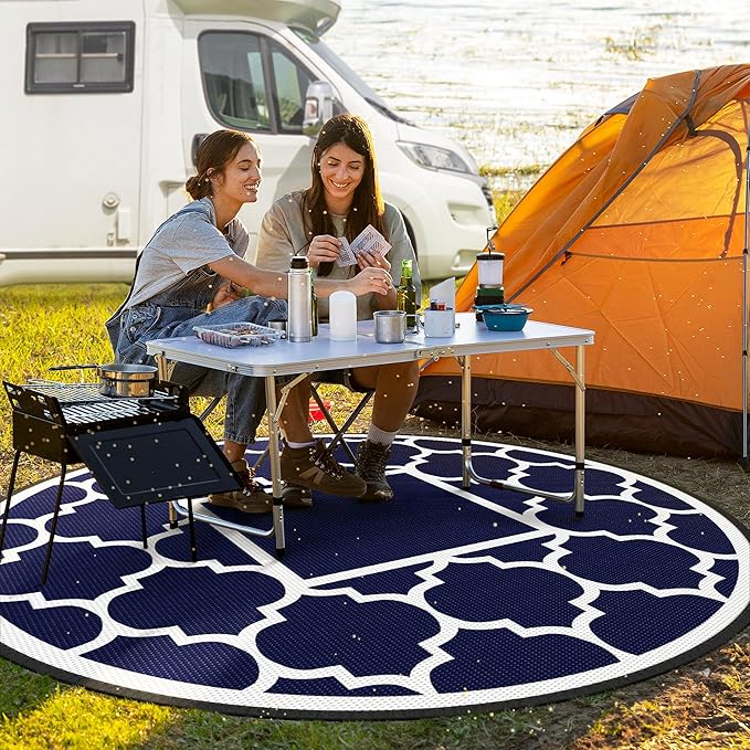 GENIMO 8' Round Outdoor Rug Waterproof for Patio Decor, Foldable Reversible Plastic Straw Area Rugs Mat for Rv, Outside Carpet for Camper, Deck, Picnic, Beach, Balcony, Camper, Blue & White-Ruum Studio Home