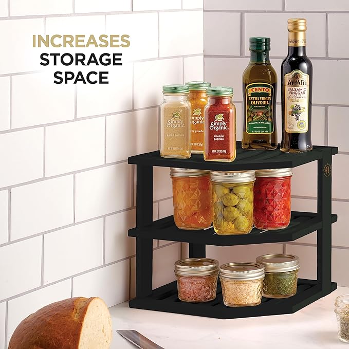 Cabinet Organizer Shelf - Bamboo Corner Rack for Kitchen Counter, Cabinet Space Saver for Plates, Dishes, Bowls, Bread Pantry, Bathroom Storage or Countertop Stand, Black-Ruum Studio Home