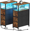 TUTOTAK Narrow LED Night Stand with Charging Station, Slim End Table with Plugins, Tall Side Table with 3 Fabric Drawer, Small Bedside Table with Storage, Set of 2, for Living Room, Brown TB01BB073L-Ruum Studio Home