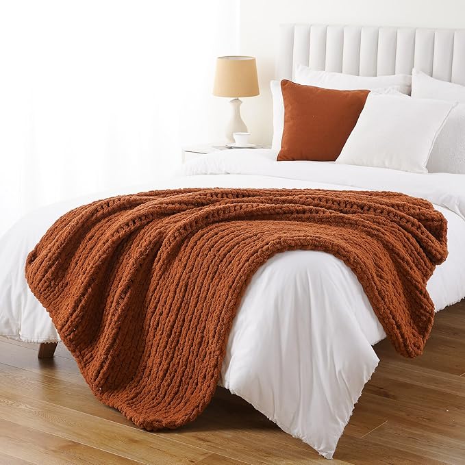 Battilo Chunky Knit Throw Blanket, Soft and Thick Chenille Throw Blanket, 50"x60" Handmade Cable Knit Crochet Blanket, Large Rope Knot Throw Blankets for Couch Sofa Bed Home Decor, Caramel-Ruum Studio Home