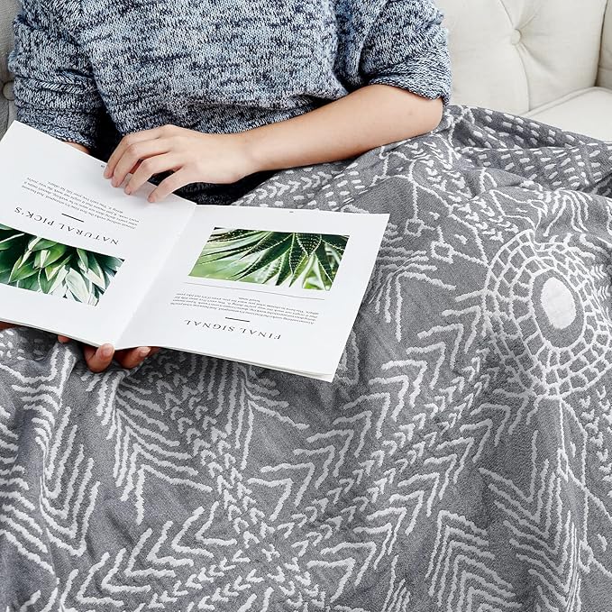 JINCHAN Boho 100% Cotton Muslin Blanket 3-Layer Twin Size Geometric Lightweight Reversible Soft Cozy Throw for Couch Sofa Bed All Season Coverlet Ideal Gift Bedroom Living Room Decor Grey 60x80 Inches-Ruum Studio Home
