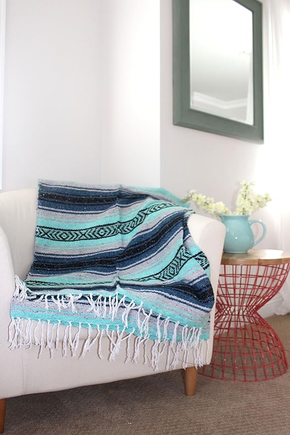 Del Mex Classic Mexican Blanket, Large Authentic Woven Falsa Throw (70"x50"), Artisan Southwest Décor for Beach, Yoga, Outdoors (Navy/Mint)-Ruum Studio Home