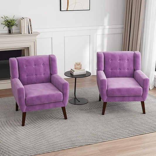 UIXE Accent Chairs Set of 2, Modern Upholstered Arm Chair, Mid-Century Club Armchair Comfy Single Lounge Sofa, Button Tufted Living Room Reading Side Seating for Bedroom Office, Velvet-Purple-Ruum Studio Home