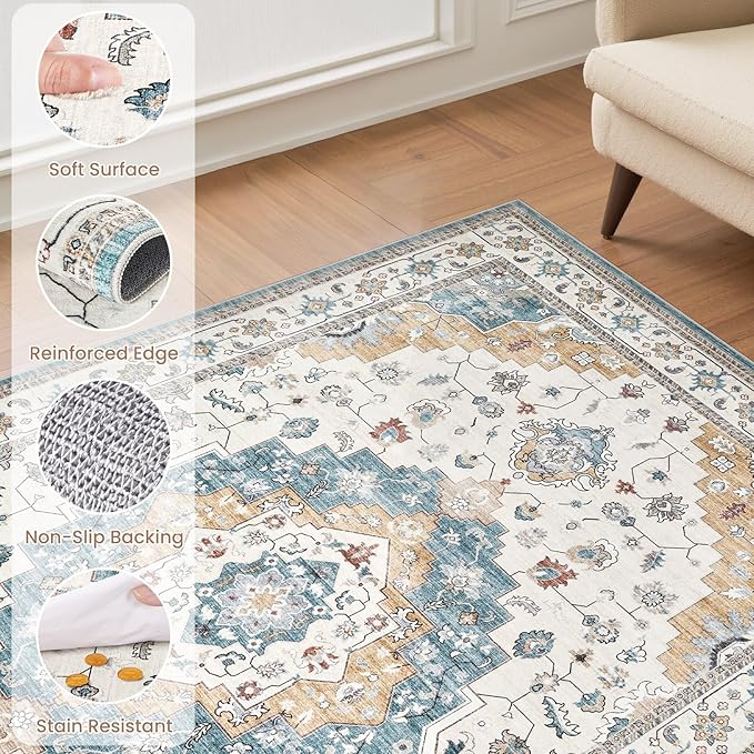 Washable Area Rugs for Living Room - 5x7 Neutral Vintage Distressed Floral Farmhouse Boho Large Soft Floor Rug Indoor Non Slip Carpet for Living Room Bedroom Dining Room Office - Blue/Yellow/Beige-Ruum Studio Home
