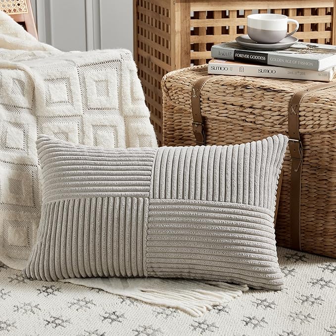 Fancy Homi 2 Packs Neutral Grey Lumbar Decorative Throw Pillow Covers 12x20 Inch for Living Room Couch Bed Sofa, Farmhouse Home Decor, Soft Striped Corduroy Rectangle Accent Cushion Case 30x50 cm-Ruum Studio Home