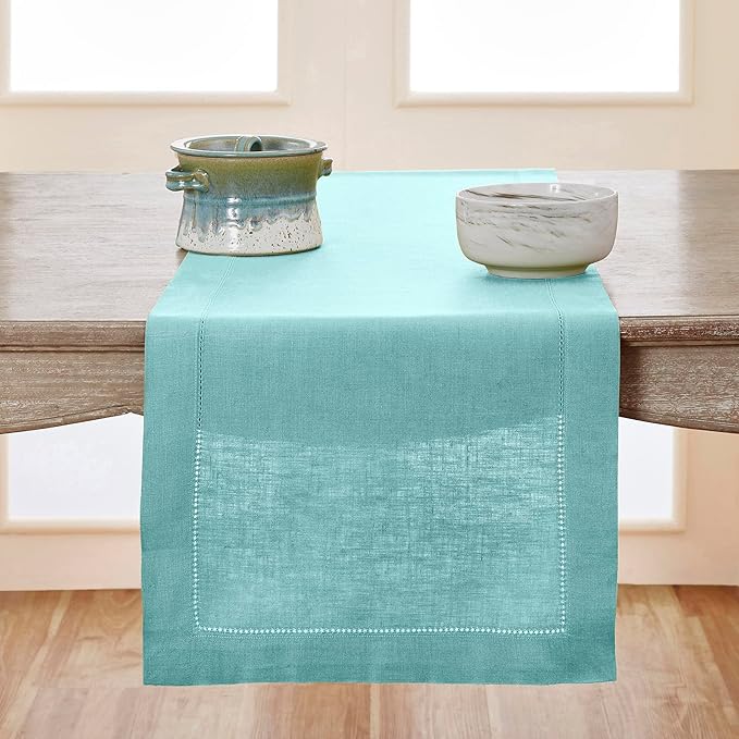 Solino Home Linen Aqua Blue Table Runner 90 Inches Long - 100% Pure Linen Hemstitch 14 x 90 Inch Table Runner for Dining - Classic Hemstitch-Ruum Studio Home