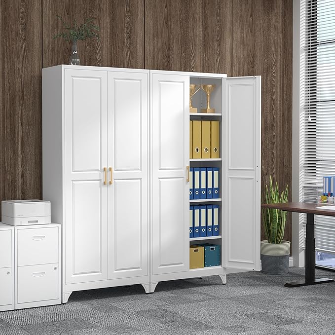 75" Kitchen Pantry Cabinet, White Metal Storage Cabinets with 2 Doors and 4 Adjustable Shelves, Tall Pantry Storage Cabinet for Kitchen, Dining Room, Living Room-Ruum Studio Home