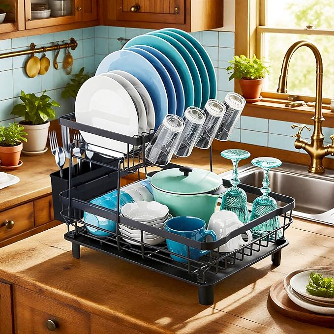 MOUKABAL Dish Drying Rack, 2 Tier Dish Rack, Large Dish Racks for Kitchen Counter, Dish Drainer with Removable Utensil Holder, Drainboard (Black)-Ruum Studio Home