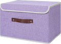 ANMINY Storage Bin with Lid Storage Boxes with PU Leather Handles PP Plastic Board Decorative Foldable Lidded Cotton Linen Fabric Home Cubes Baskets Closet Organizer Container - Purple, Large Size-Ruum Studio Home