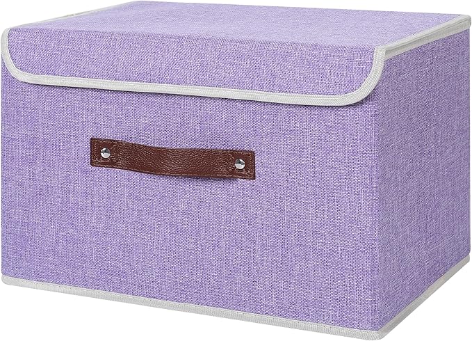 ANMINY Storage Bin with Lid Storage Boxes with PU Leather Handles PP Plastic Board Decorative Foldable Lidded Cotton Linen Fabric Home Cubes Baskets Closet Organizer Container - Purple, Large Size-Ruum Studio Home