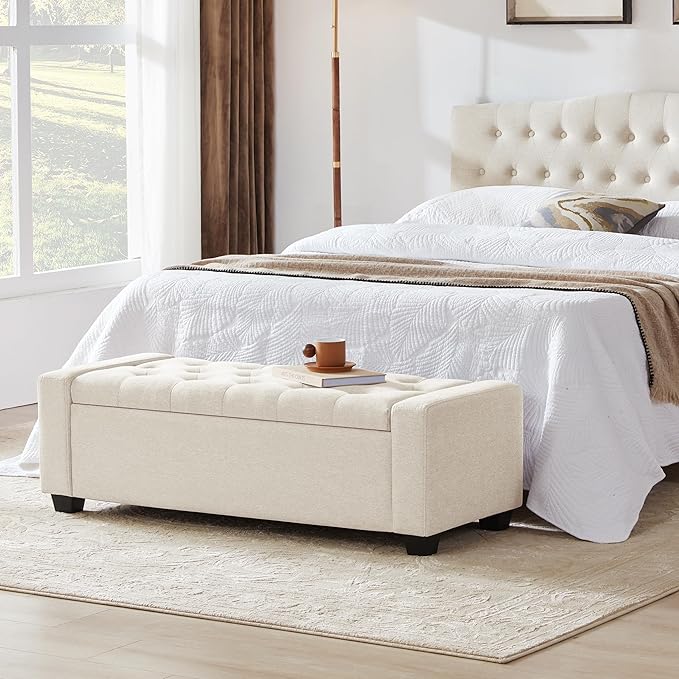 48" Ottoman with Storage, Storage Ottoman Bench with Safety Hinge, Upholstered Entryway Bench with Seating for Bedroom, Living Room, Holds up to 330 lb, Beige-Ruum Studio Home