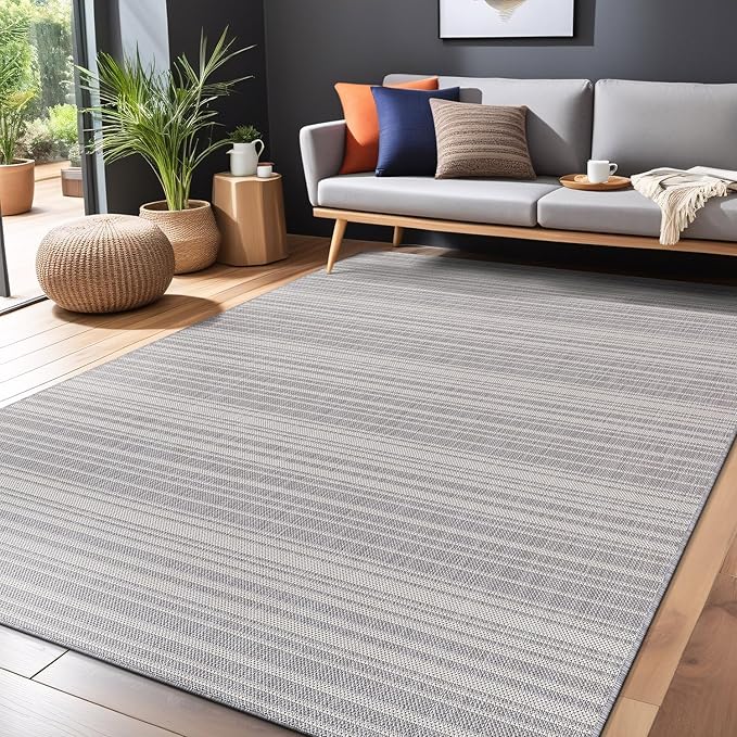 Stripe Outdoor Rug 9x12 Washable Outside Carpet for Indoor Patio Porch Waterproof Easy Cleaning Non Shedding Area Rugs Gray 9 x 12-Ruum Studio Home