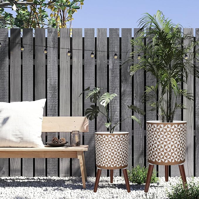 10 & 12 Inches Plant Pot with Stand, Large Modern Standing Planters for Indoor Outdoor Plants with Drainage Holes, Big Gold Floral Embossed Flower Pots with Legs-Ruum Studio Home