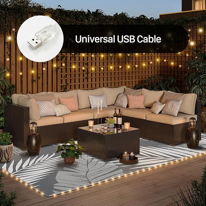 GENIMO Outdoor Rug 9' x 12' Waterproof for Patios Clearance, Reversible Outdoor Plastic Straw Camping Rug Carpet with LED String Light, Area Rugs Mats for RV, Camper, Deck, Balcony, Porch, Grey&White-Ruum Studio Home