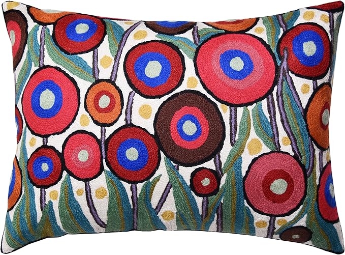 Cream Lumbar Poppy Floral Pillow Cover Red Poppies Flower Pillows White Farmhouse Chair Cushion Floral Cream Hand Embroidered Size 14x20-Ruum Studio Home