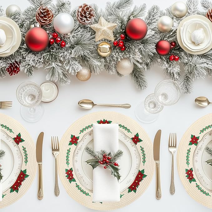Whaline 4Pcs Round Christmas Flower Placemats Embroidered Xmas Poinsettia Place Mats Decorative Dinner Table Mats for Holiday Party Decor-Ruum Studio Home