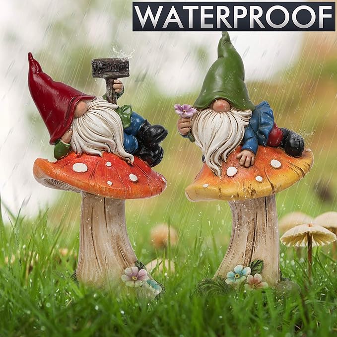 TERESA'S COLLECTIONS Garden Gnomes on Mushroom, Set of 2 Cute Resin Gnome Statues for Yard, Outdoor Patio Porch Lawn, Ideal Gift for Dad Mom Birthday, Outside Decor Housewarming Gifts-Ruum Studio Home
