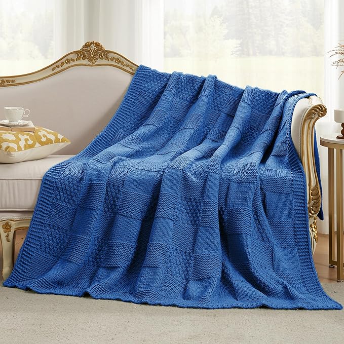 Amélie Home Chenille Knit Throw Blanket for Couch, Checkered Texture Decorative Soft Blanket for Sofa, Bed & Living Room, 50"x60", Blue-Ruum Studio Home