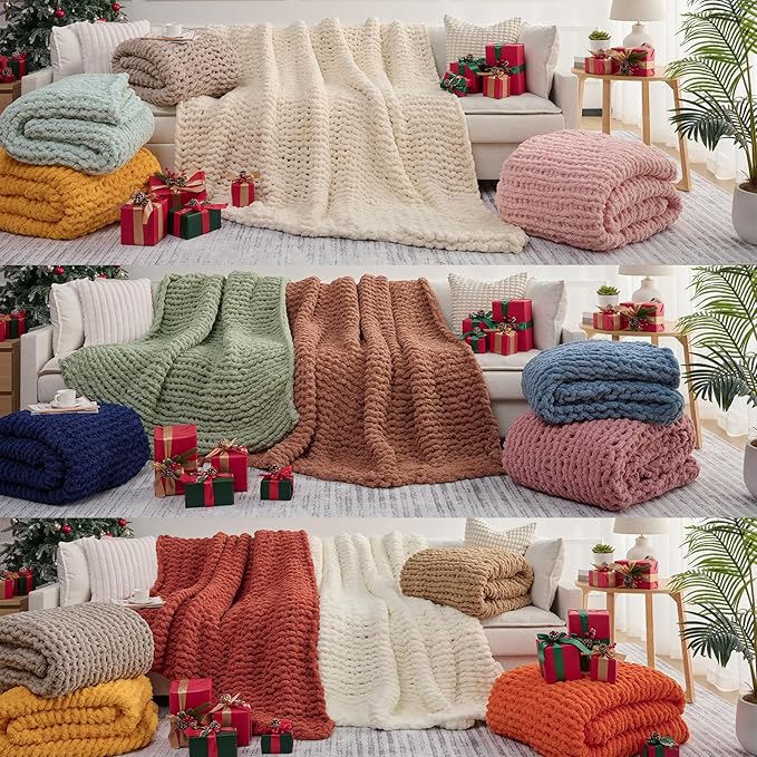 L'AGRATY Chunky Knit Blanket - Soft Chunky Throw 60x80 inches: 100% Hand Kintted Chenile Crochet Throw for Couch - Large Cable Knit Blanket for Home Decor (Ivory)-Ruum Studio Home