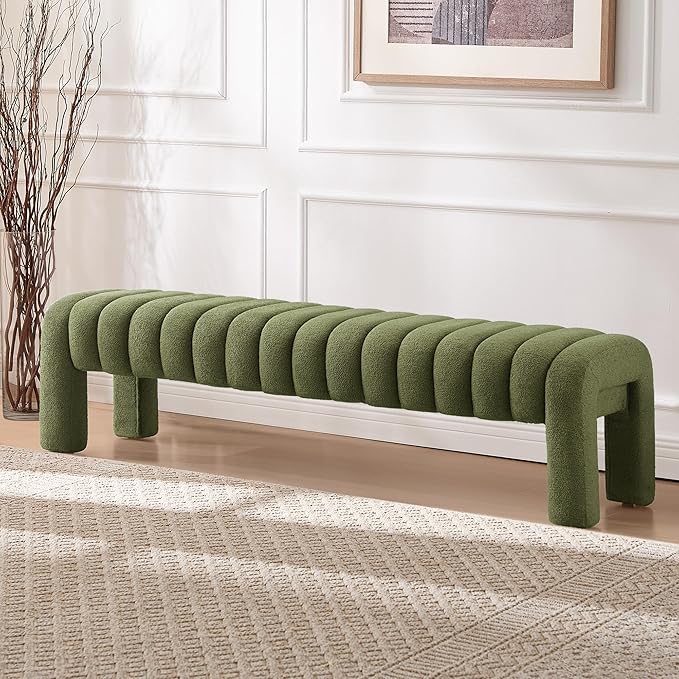 63" Bedroom Bench, Upholstered Entryway Bench, Modern End of Bed Ottoman with Solid Wood Legs and Adjustable Foot Pegs for Entryway, Dining Room and Living Room, 440lbs (Green Boucle)-Ruum Studio Home