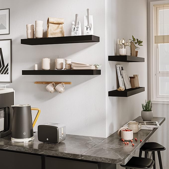 BAMEOS Floating Shelf,Wall Shelf,Decor Wall Mounted Shelves,Hanging Shelf Set L24xW6 for Bathroom Kitchen Living,Kitchen,Room Bedroom Storage,Black-Ruum Studio Home