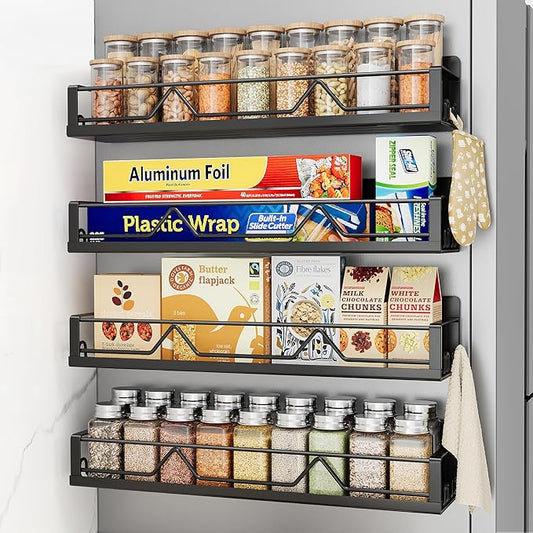 16.9 Inch Wide Large Capacity Magnetic Spice Rack for Refrigerator, 4 Pack Metal Fridge Shelf, Black-Ruum Studio Home