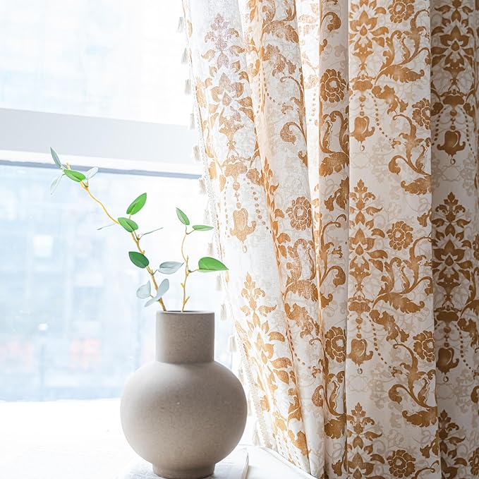 Sutuo Home Boho Curtains for Bedroom Living Room 96 Inches Length Long, Printing Moroccan Cotton Linen Rod Pocket Vibe Farmhouse Bohemian Tassels Window Treatment, 1 Panel 59" W x 96" L, Brown Damask-Ruum Studio Home