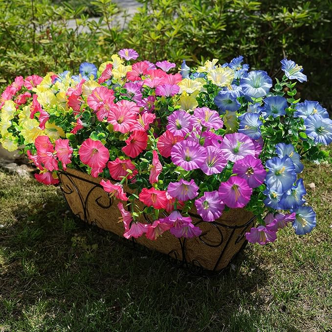 Artificial Flowers for Outdoors Fake Plants Outside Decoration, 12 Bundles Silk Colorful Morning Glory with Eucalyptus UV Resistant Realistic Faux Flowers for Planter Porch Patio Yard Indoor-Ruum Studio Home