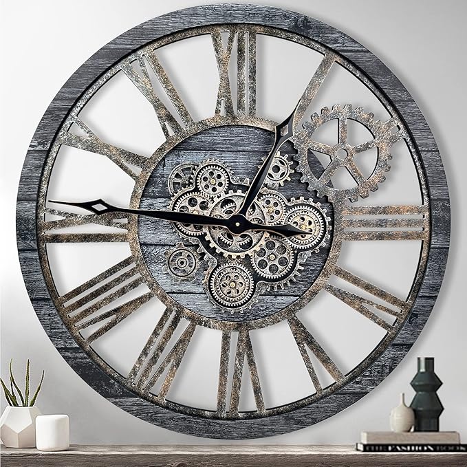The B-Style Large Real Moving Gears Wall Clock 30 inch Rustic Retro Industrial Farmhouse Wood Clock Oversized Decorative Vintage Wall Clocks for Living Room (Carbon Gray)-Ruum Studio Home