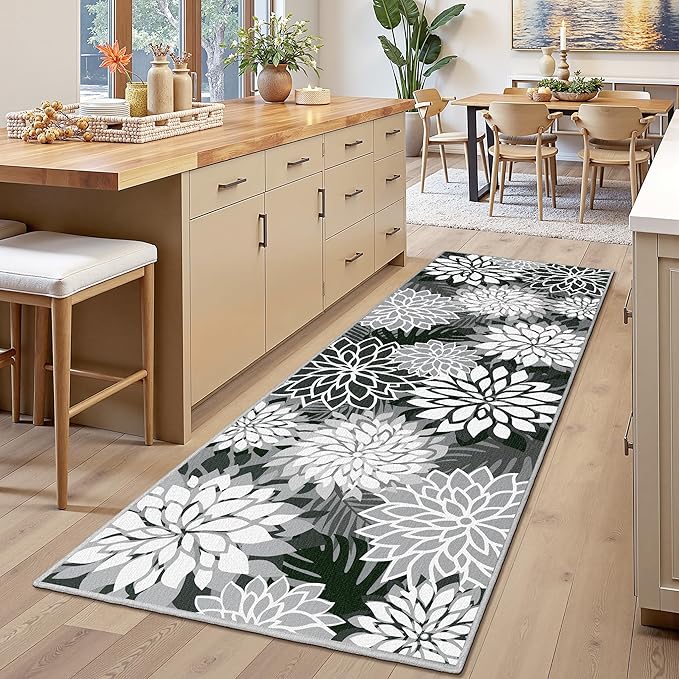 Area Rug 2x6 Black White Washable Entry Rug Multicolored Tropical Botanical Modern Floral Indoor Kitchen Door Mat Entrance Carpet Non Slip for Bedroom Living Room, Porch-Ruum Studio Home