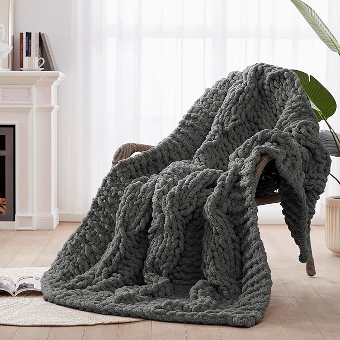 Chunky Knit Blanket Throw - 100% Hand Knitted Chunky Throw Blanket for Couch, Thick and Warm Blanket for Winter, Dark Grey, 50x60 Inches-Ruum Studio Home