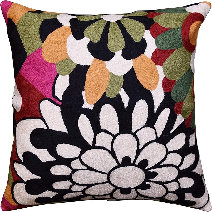 Black Daisy Floral Pillow Cover Flower Pillowcase Outdoor Suzani Accent Cushion Traditional Chair Cushions Hand Embroidered Wool Size - 18x18-Ruum Studio Home