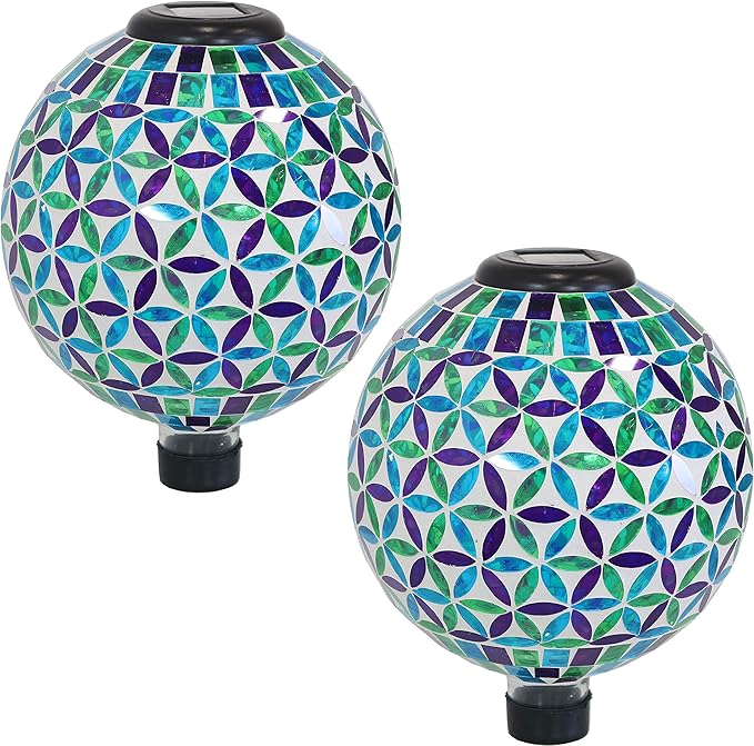 Sunnydaze Cool Blooms 10" Mosaic Glass Garden Gazing Globe with LED Solar Light - Set of 2-Ruum Studio Home