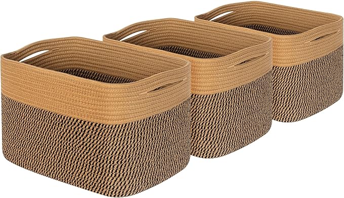 MINTWOOD Design 3-Pack Storage Baskets for Shelves, Decorative Baskets for Organizing, Woven Baskets for Storage, Book Basket Cube Storage Bin Box, Pantry Closet and Shoe Organizers, Black Jute-Ruum Studio Home