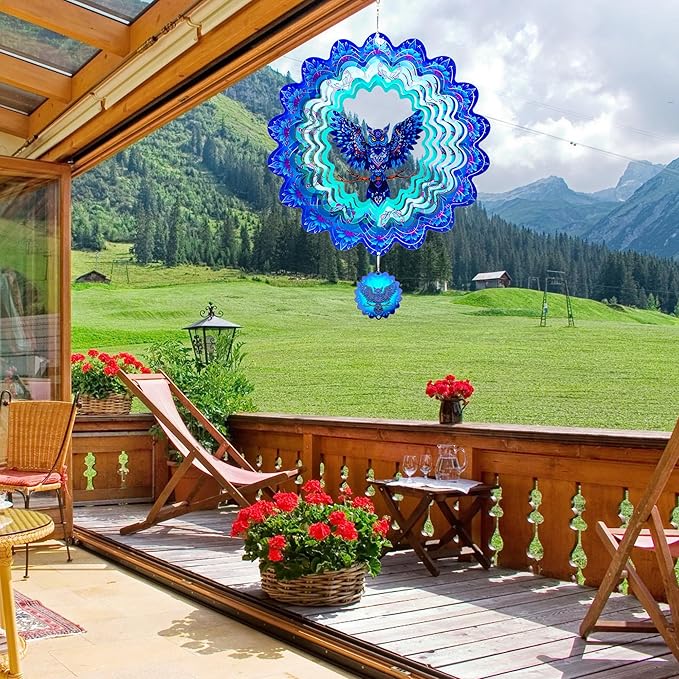 Owl Gifts for Women Men, Owl Hanging Wind Spinners Outdoor, 12Inch 3D Stainless Steel Reflective Wind Spinners Garden Decor-Ruum Studio Home
