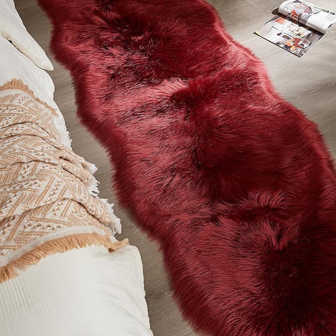 AMTOVO Faux Sheepskin Rug, Burgundy Ultra Soft Fluffy Shag Area Rug, 2 x 6 ft Faux Fur Rug for Bedroom Sofa Throw Cushion Room Decor, Sheepskin-Ruum Studio Home