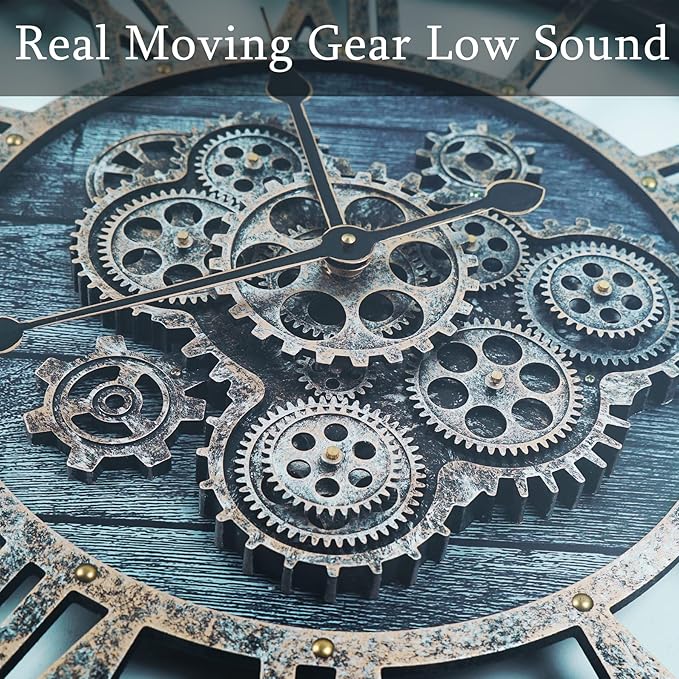 36 Inch Moving Gear Wall Clock, Oversized Wall Clocks, Clock Living Room Decor, Solid Wood Frame, Battery Operated, Large Wall Clock with Steampunk Industrial for Fireplace(Gray)-Ruum Studio Home