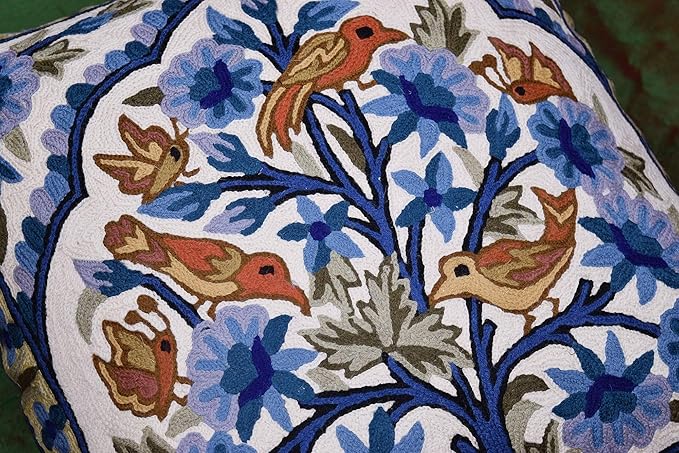 Blue Tree of Life Pillow Cover Blues Birds Floral Decorative Pillowcase Flower Outdoor Suzani Cushion Needlepoint Hand Embroidered Wool Size - 18x18-Ruum Studio Home