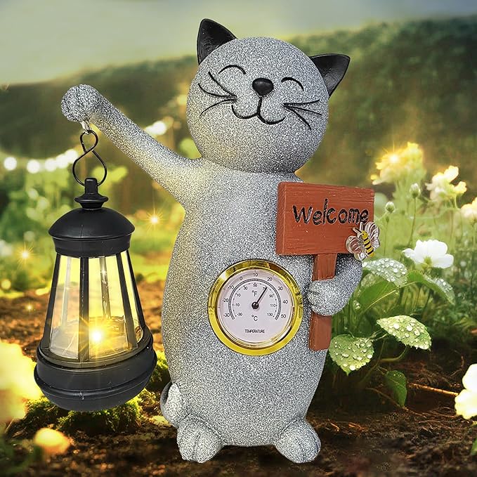 Solar Cat Outdoor Statues for Garden-Creative Thermometer-Lantern-Welcome Sign, Suitable for Yard Art, Lawn Ornaments, Porch, Terrace, Alcove, Home, House Outdoor, Cat Garden Decoration-Ruum Studio Home
