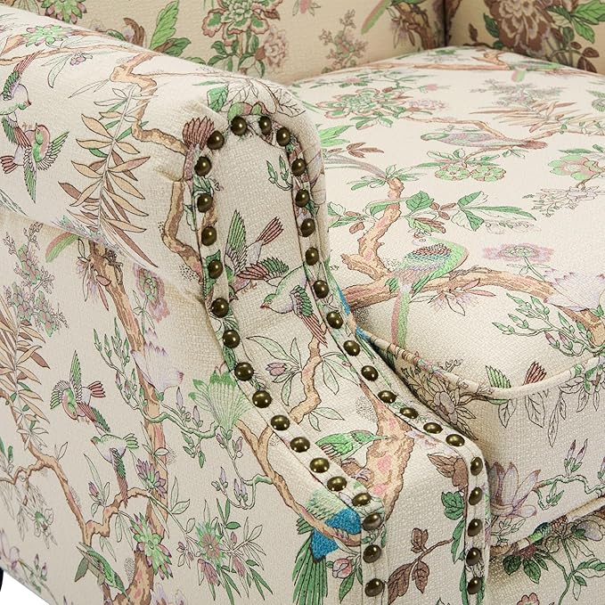 UIXE High Back Floral Accent Chair, Fabric Upholstered Armchair for Living Room, Retro Wingback Arm Chair with Solid Wood Legs, Nailhead Trim Single Sofa Bedroom Reading Seat - Bird Pattern-Ruum Studio Home