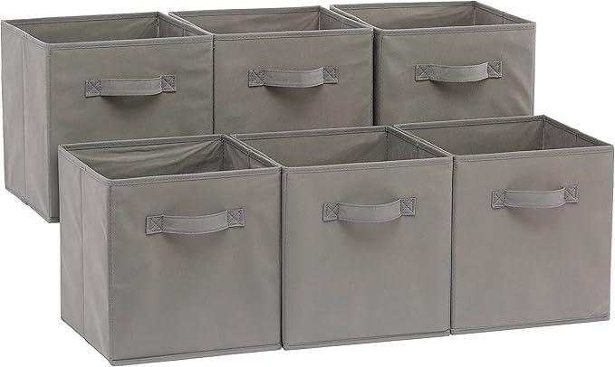 Amazon Basics Collapsible Fabric Storage Cubes Organizer with Handles, Sturdy, Gray, 10.5-x-10.5-x-11-inch, Pack of 6-Ruum Studio Home