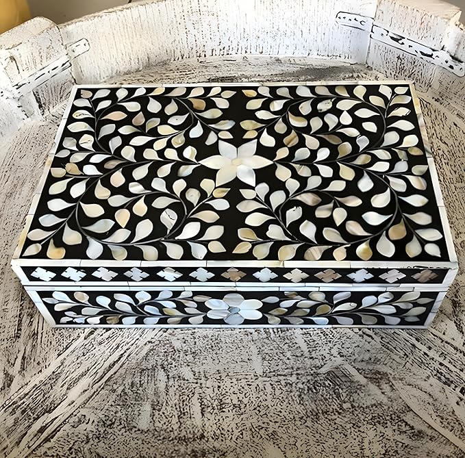 Decorative Wooden Storage Box with Mother of Pearl Inlay – Elegant Floral Design – Perfect for Home Décor in Living Room, Dining Area, or Bedroom (Black, 12x8x5 inches)-Ruum Studio Home