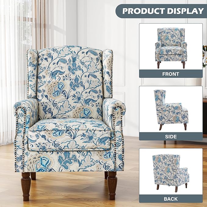 UIXE High Back Floral Accent Chairs Set of 2, Upholstered Armchair in Fabric, Retro Printed Wingback Arm Chair for Living Room, Nailhead Trim Single Sofa Bedroom Reading Seat - Boho Blue-Ruum Studio Home