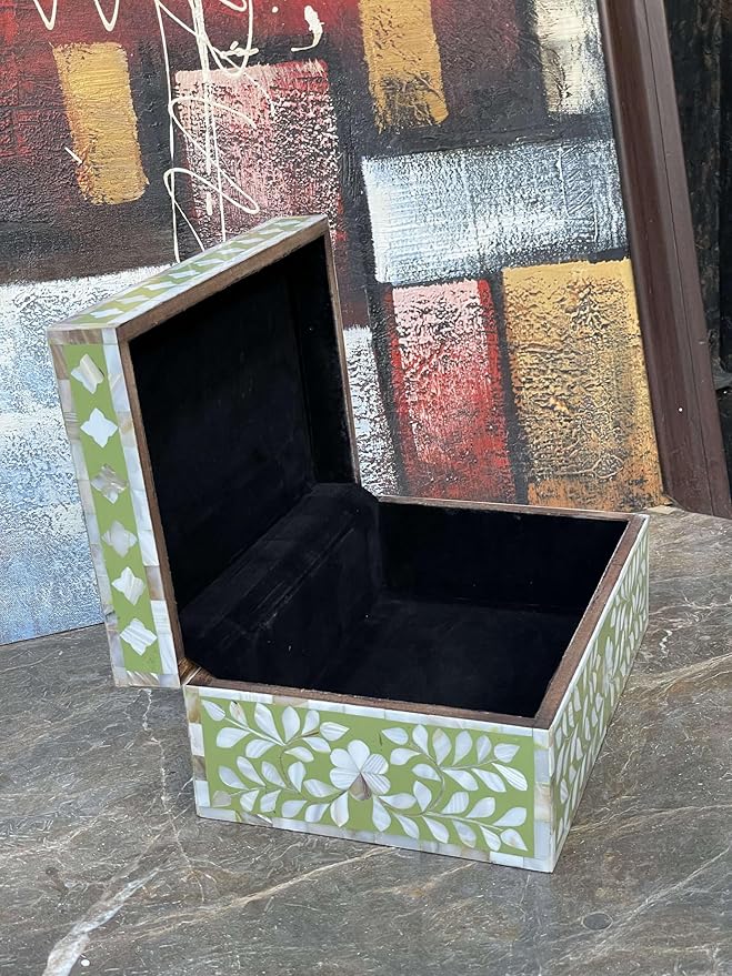 Decorative Storage Box Of Mother Of Pearl Inlay Floral Design Wooden Storage Box For Home Decoration For Living Dining & Bedroom (Olive Green_12x8x5 inch)-Ruum Studio Home