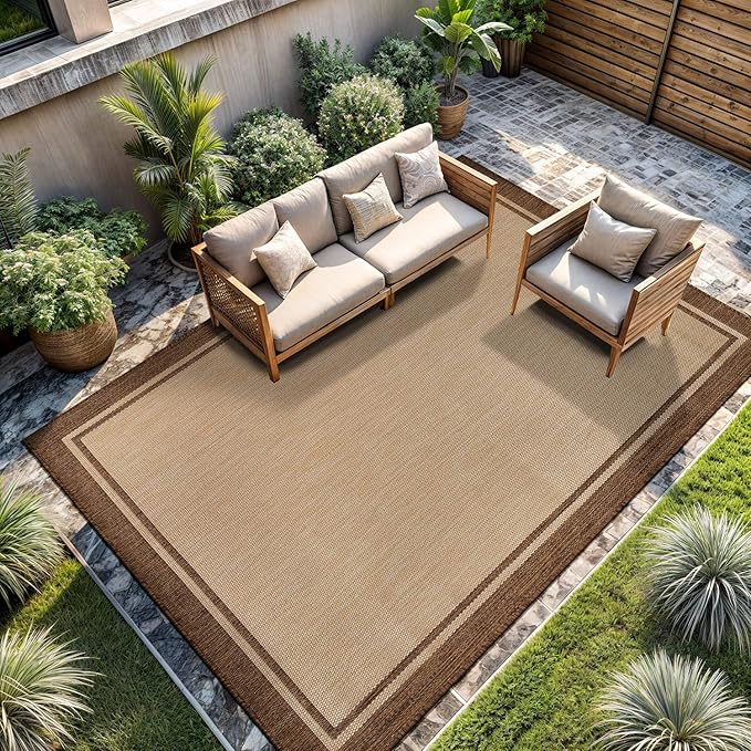 CAMILSON Outdoor Rug 9x12 Bordered Natural Brown Modern Area Rugs for Indoor and Outdoor Patios, Kitchen and Hallway Mats, Washable Porch Deck Outside Carpet (Border Jute, 9 x 12)-Ruum Studio Home